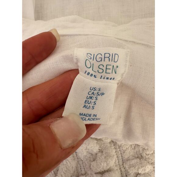 Sigrid Olsen Women's White 100% Linen Button Down VNeck Collar Blouse Shirt Sz S - Picture 7 of 8